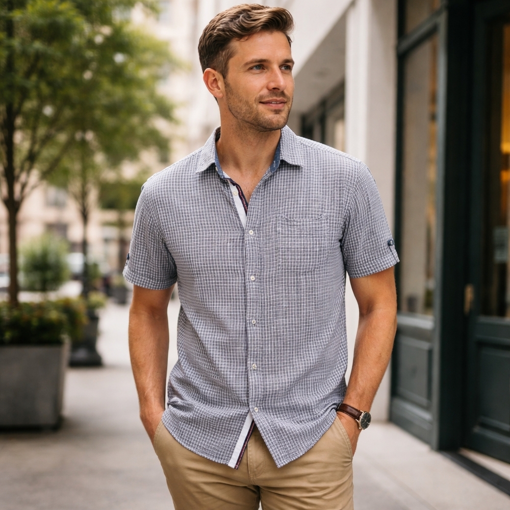 Hudson 100% Cotton Checkered Plaid Short Sleeve Button-Up Polo Shirt